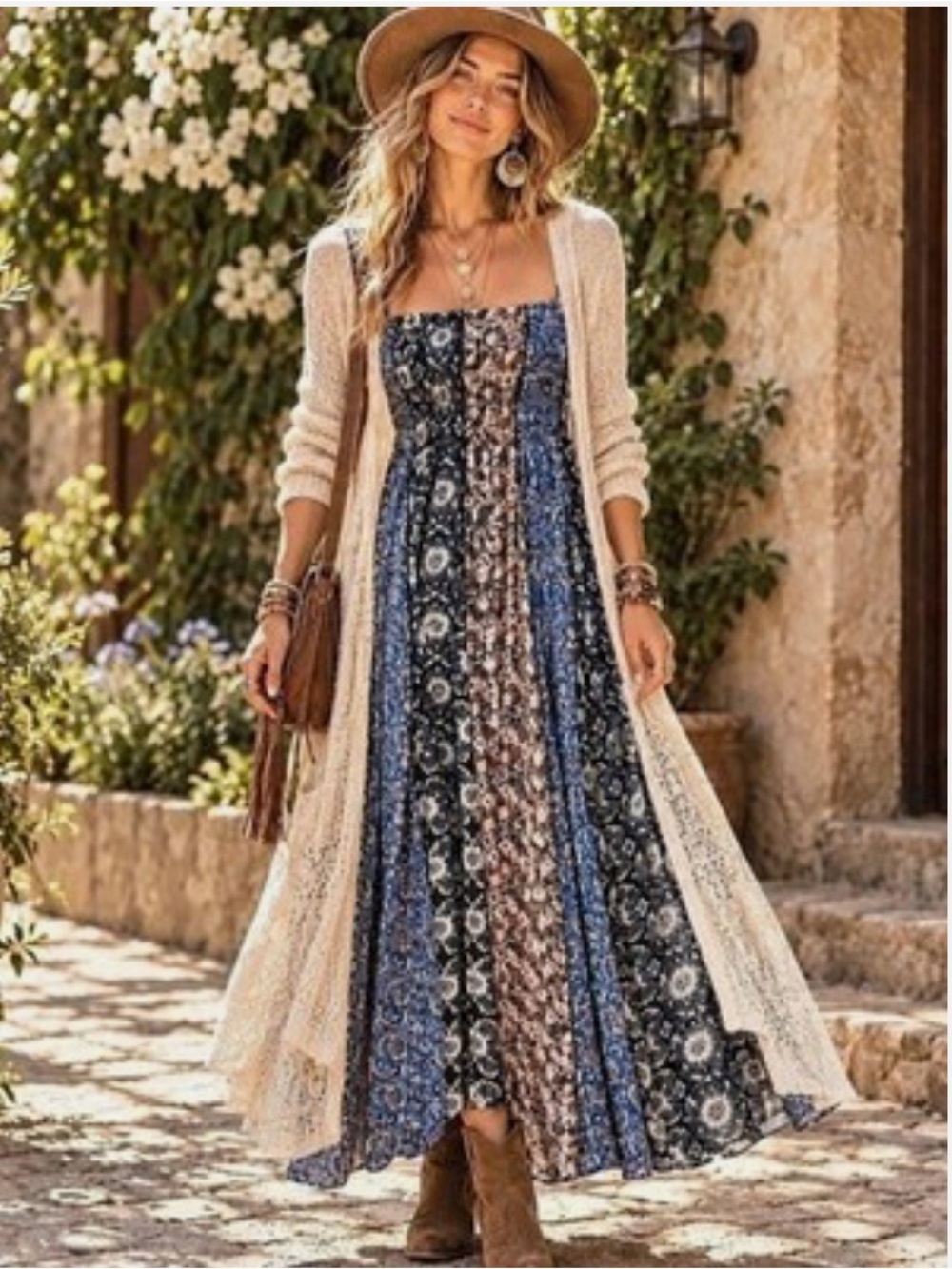 Free People Patchwork Floral Maxi Dress in Blue and Cream
